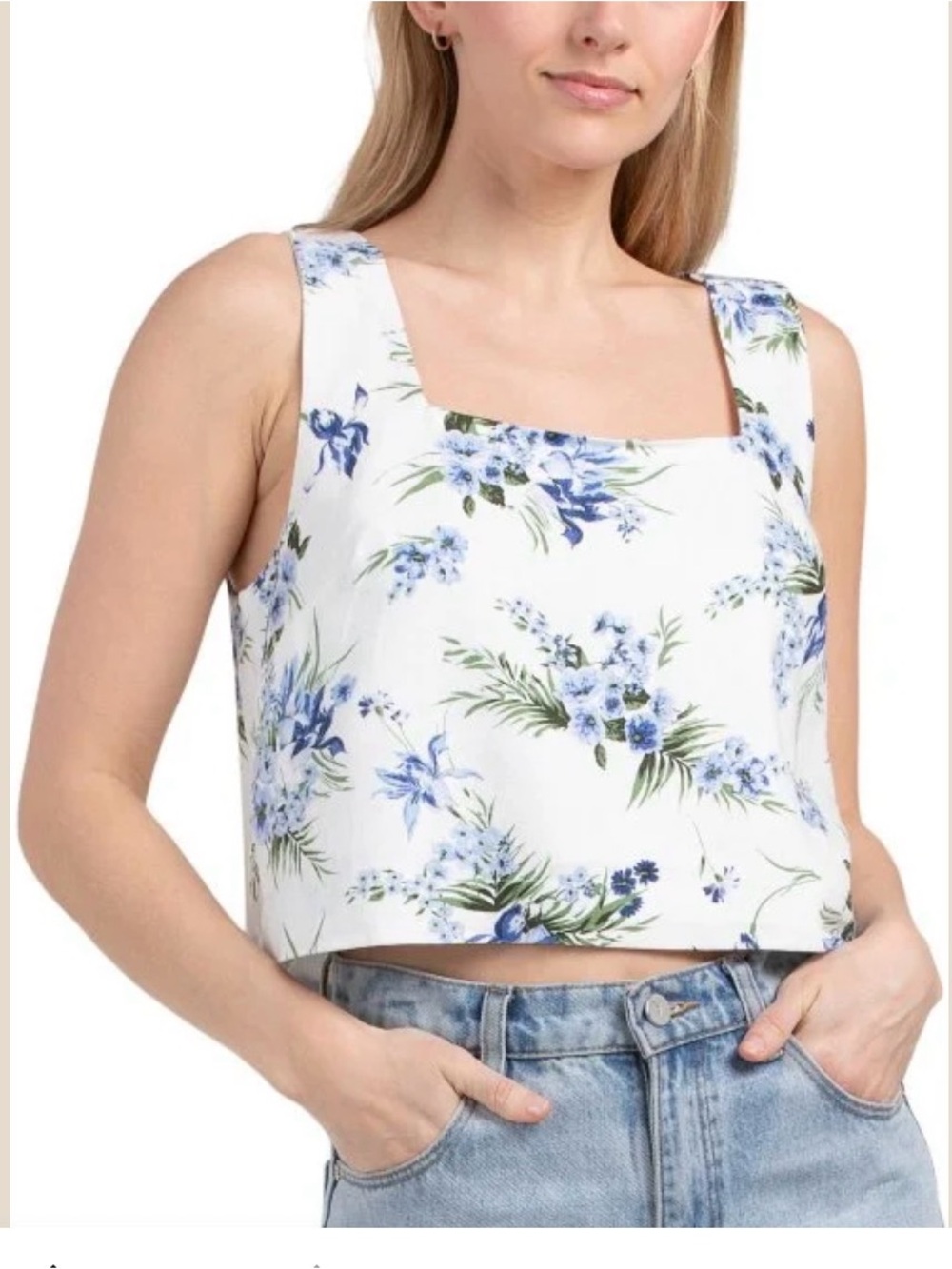 Rachel Zoe linen Floral Square-Neck Crop Tank Top - White & Blue